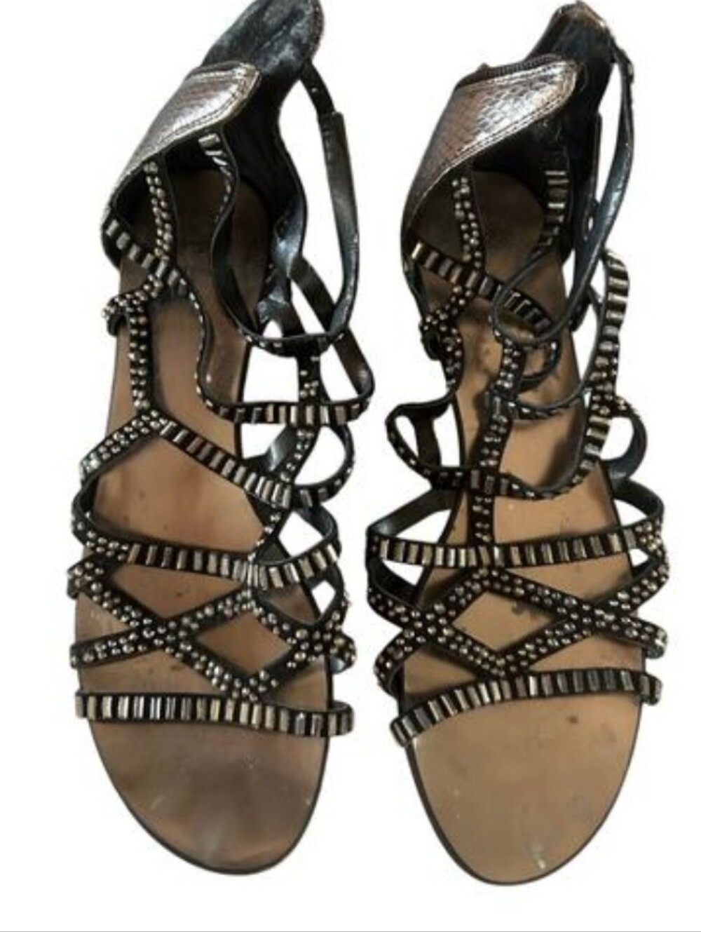 Vince Camuto Black Beaded Rhinestone Gladiator Sandals Flat Zipper Back Sz 9 CC